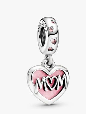 Pandora Silver Heart 'Script MOM' Dangle Charm with Pink Enamel